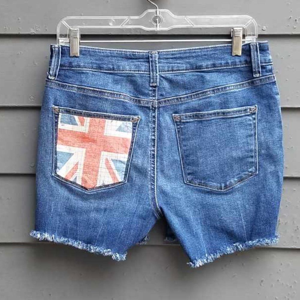 Maurices Upcycled Distressed Jean Shorts with British Flag Pocket Medium